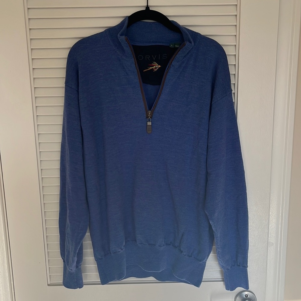 Men’s Large Orvis blue quarter zip pullover sweater